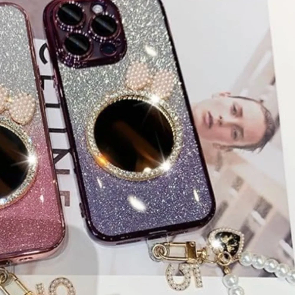 Glitter iPhone 14 Pro Max Case with Pearl Bow and Mirror